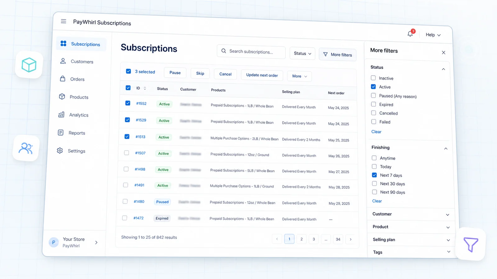 PayWhirl billing dashboard showing subscription management tools