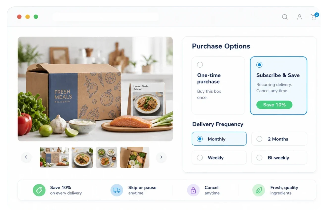 Subscription purchase options displayed in a storefront browser