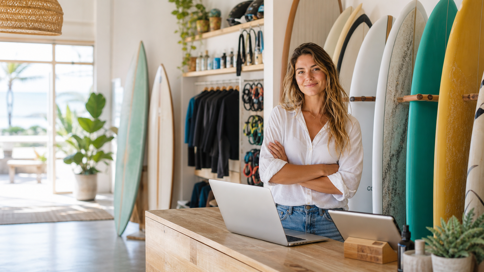 Surfboard shop owner managing online subscription orders from her retail store