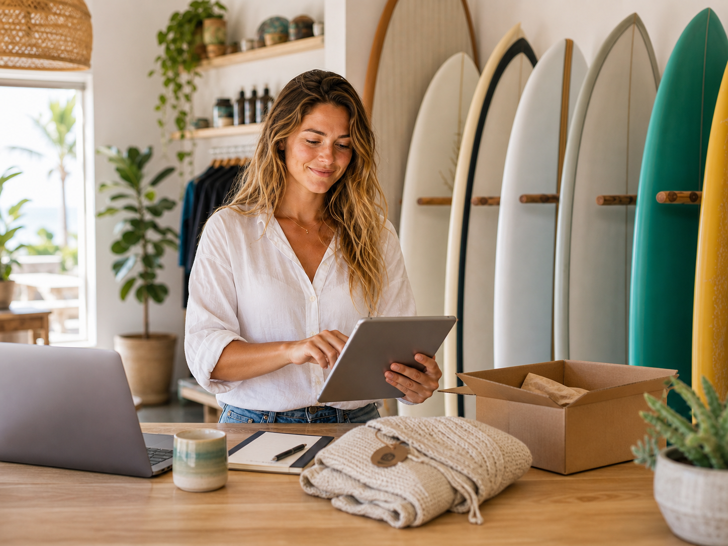 Surfboard shop owner reviewing customer subscription details at her counter