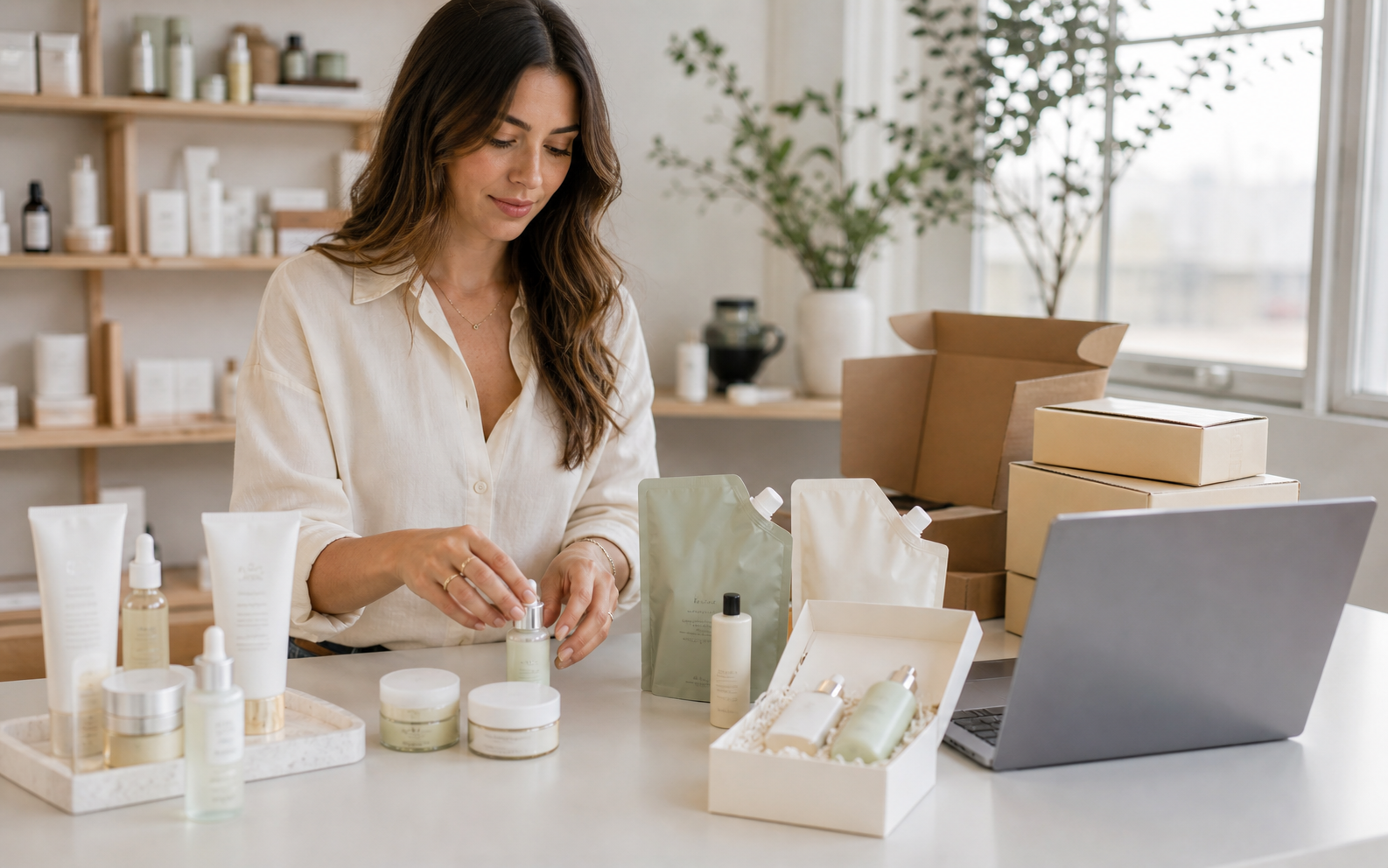 Beauty and skincare merchant arranging replenishment subscription products