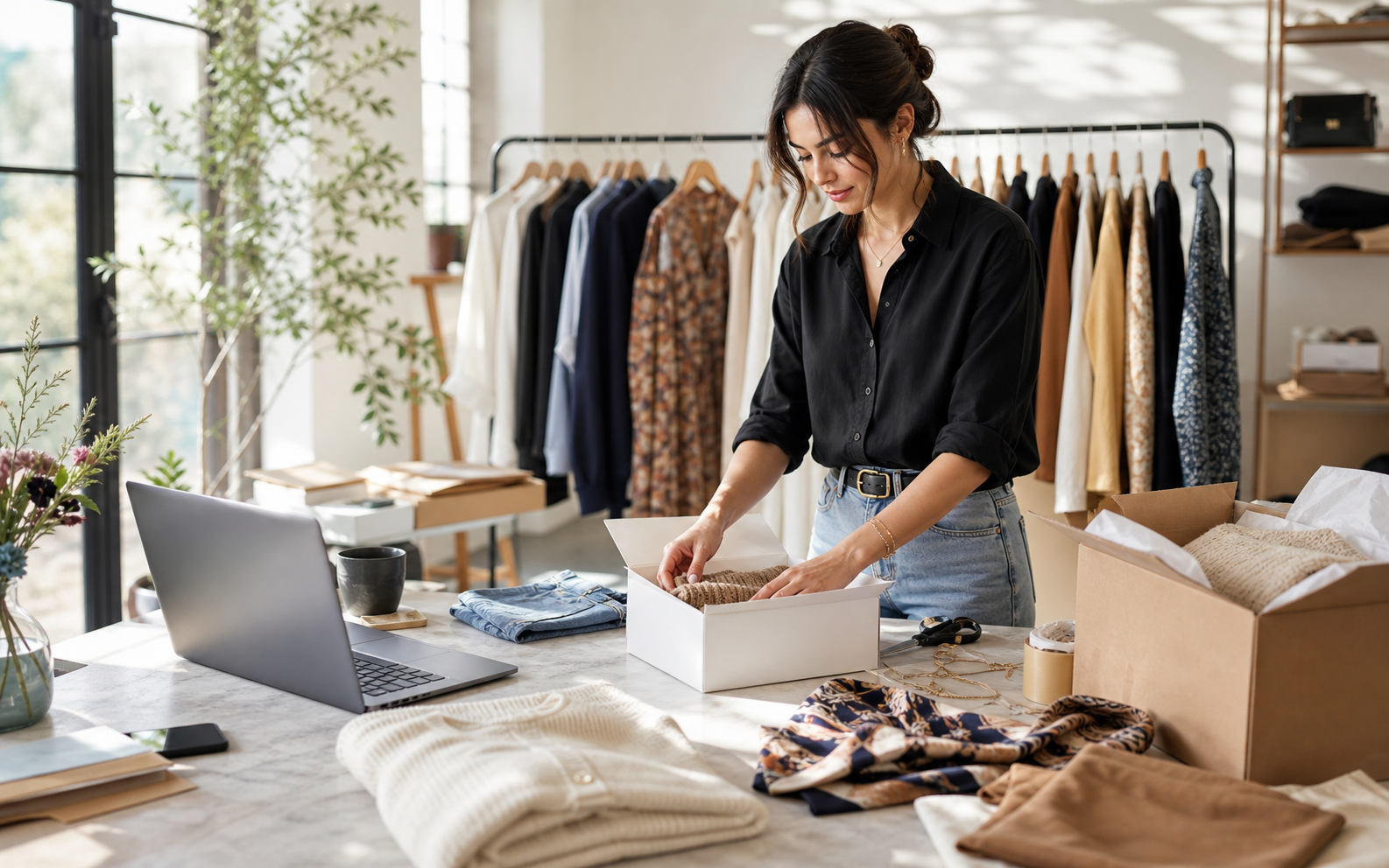 Fashion merchant preparing apparel and accessory subscription boxes