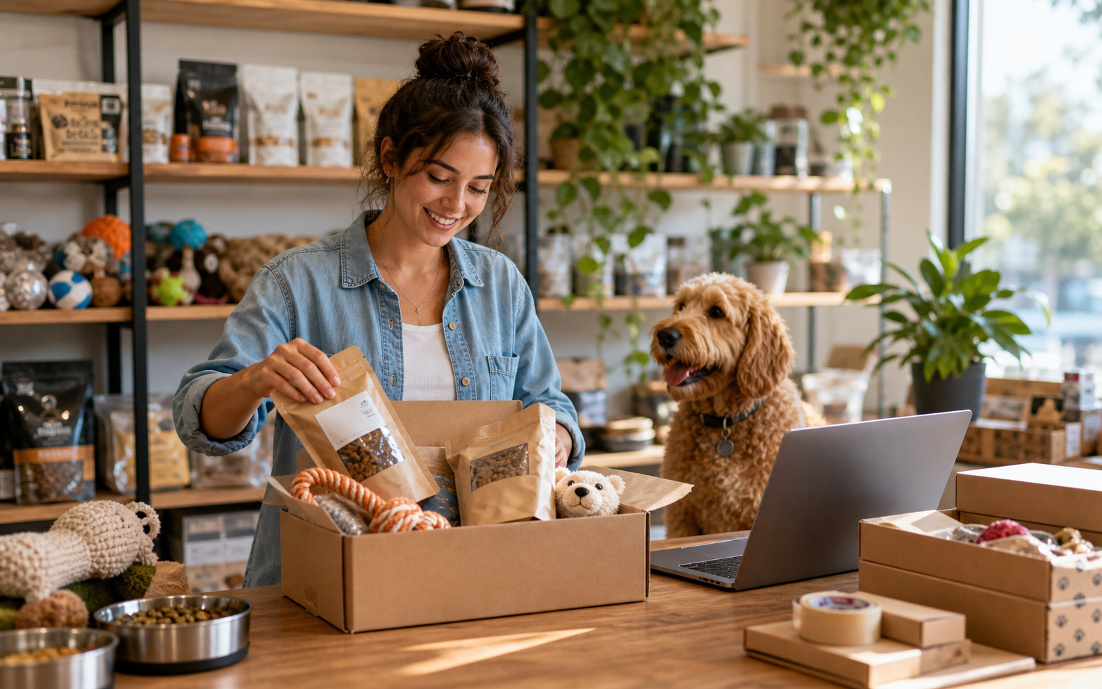 Pet subscription merchant packing treats and supplies for autoship customers